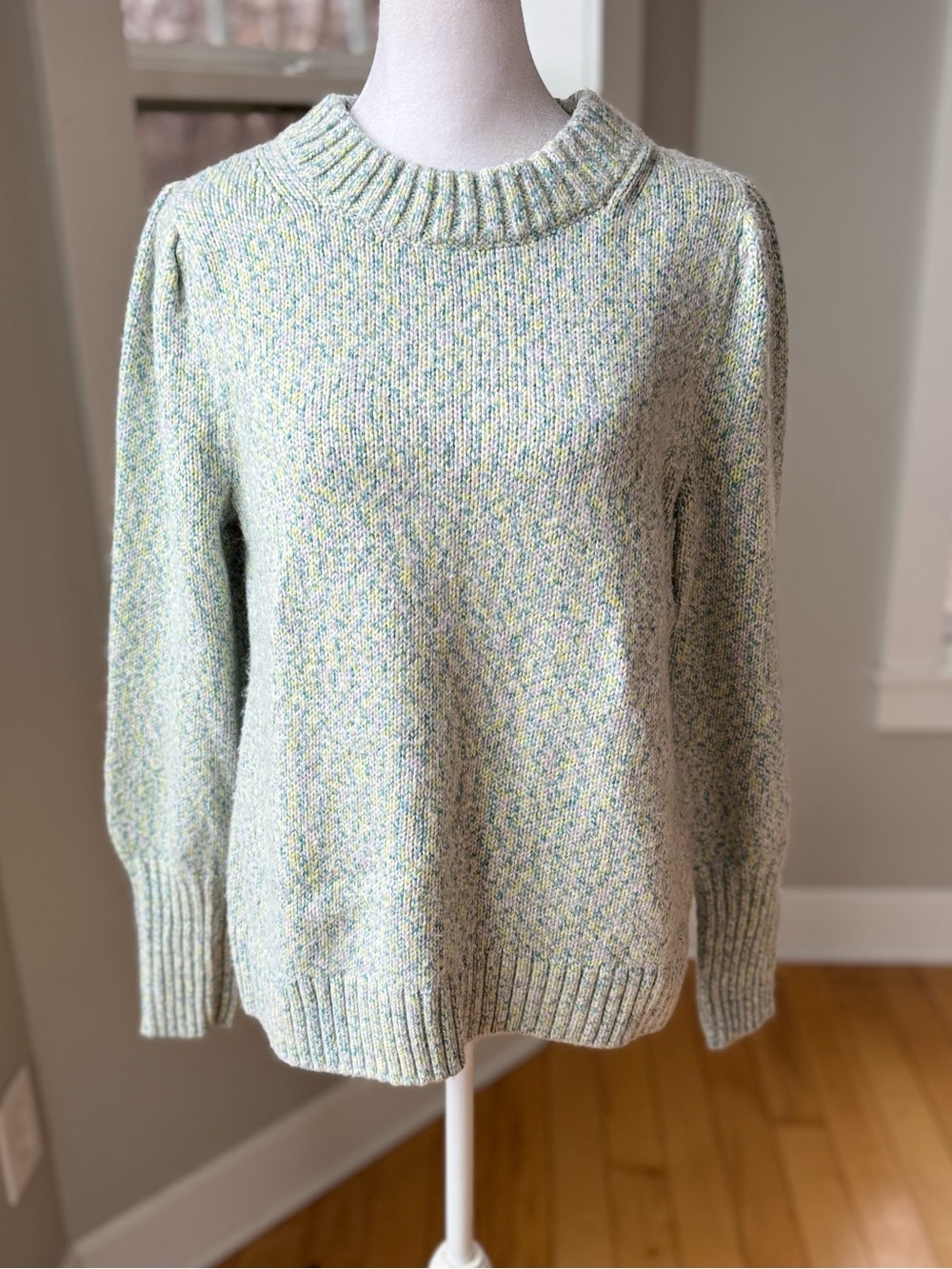 GAP Pastel Pink Blue Yellow Cotton Crewneck Puff Sleeve Sweater Size Medium